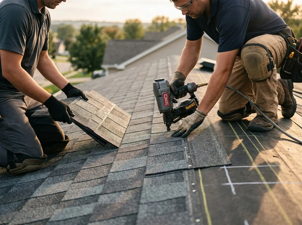Professional roofer working on a residential roof in Mount Laurel